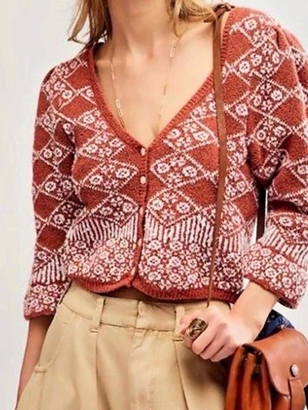 Free People Red Ivory Boho Knit Cropped Cardigan Size Small NWOT